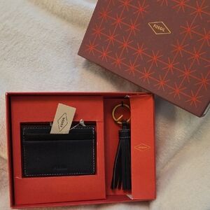 Fossil NWT Black Card Holder and Tassel Keychain Set In Box